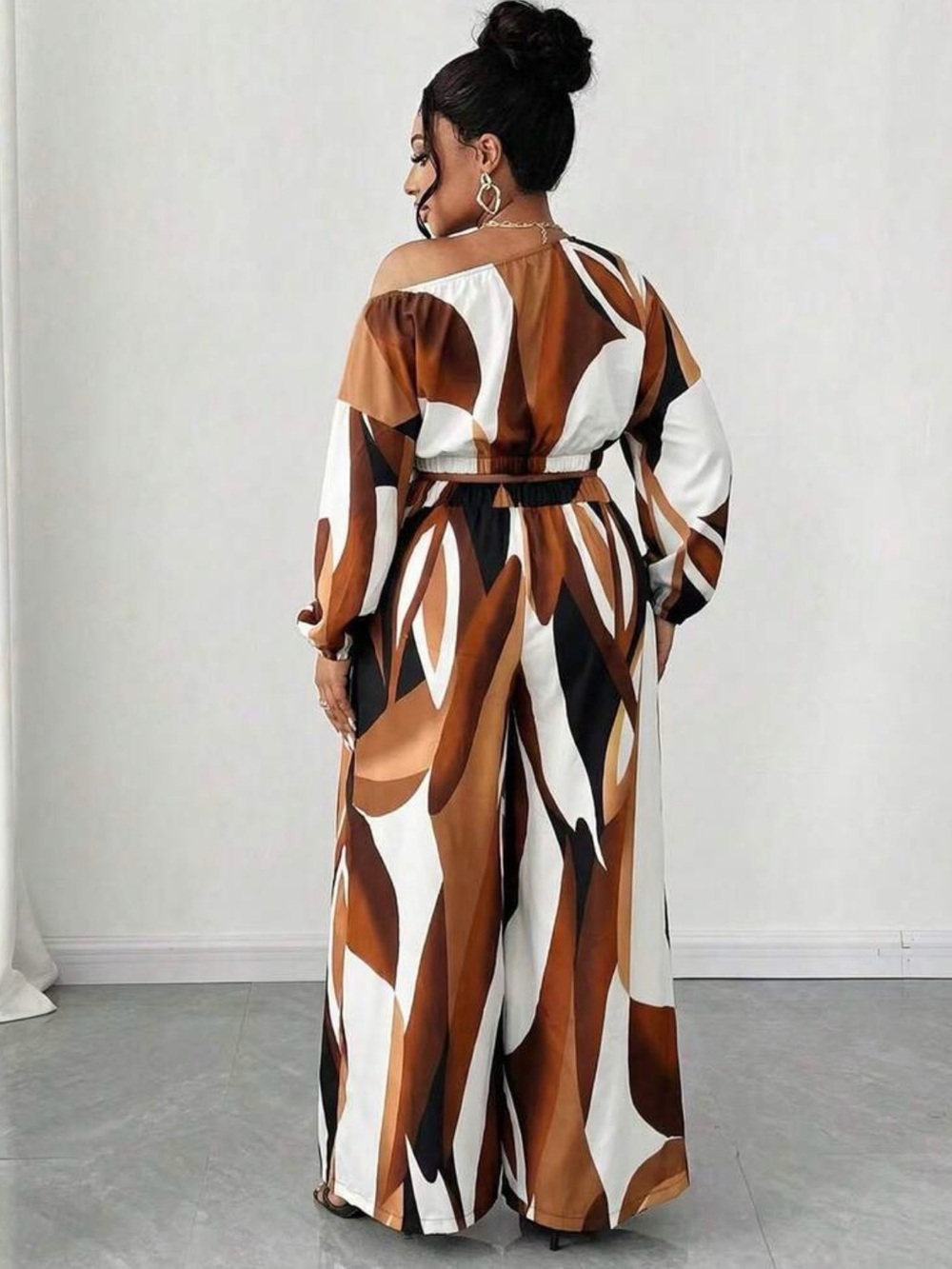 Women's Brown Multi-Print Wide Leg Jumpsuit - Picture 3 of 4